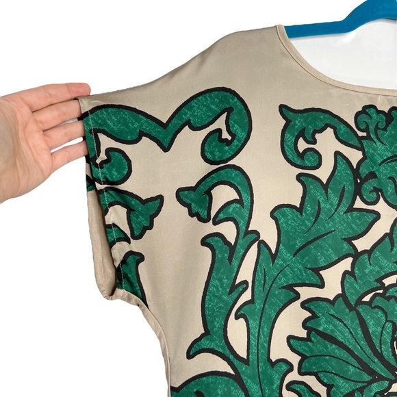 Alfani Damask Print Green & Beige Boxy Fit Short Sleeve Blouse - Picture 2 of 13